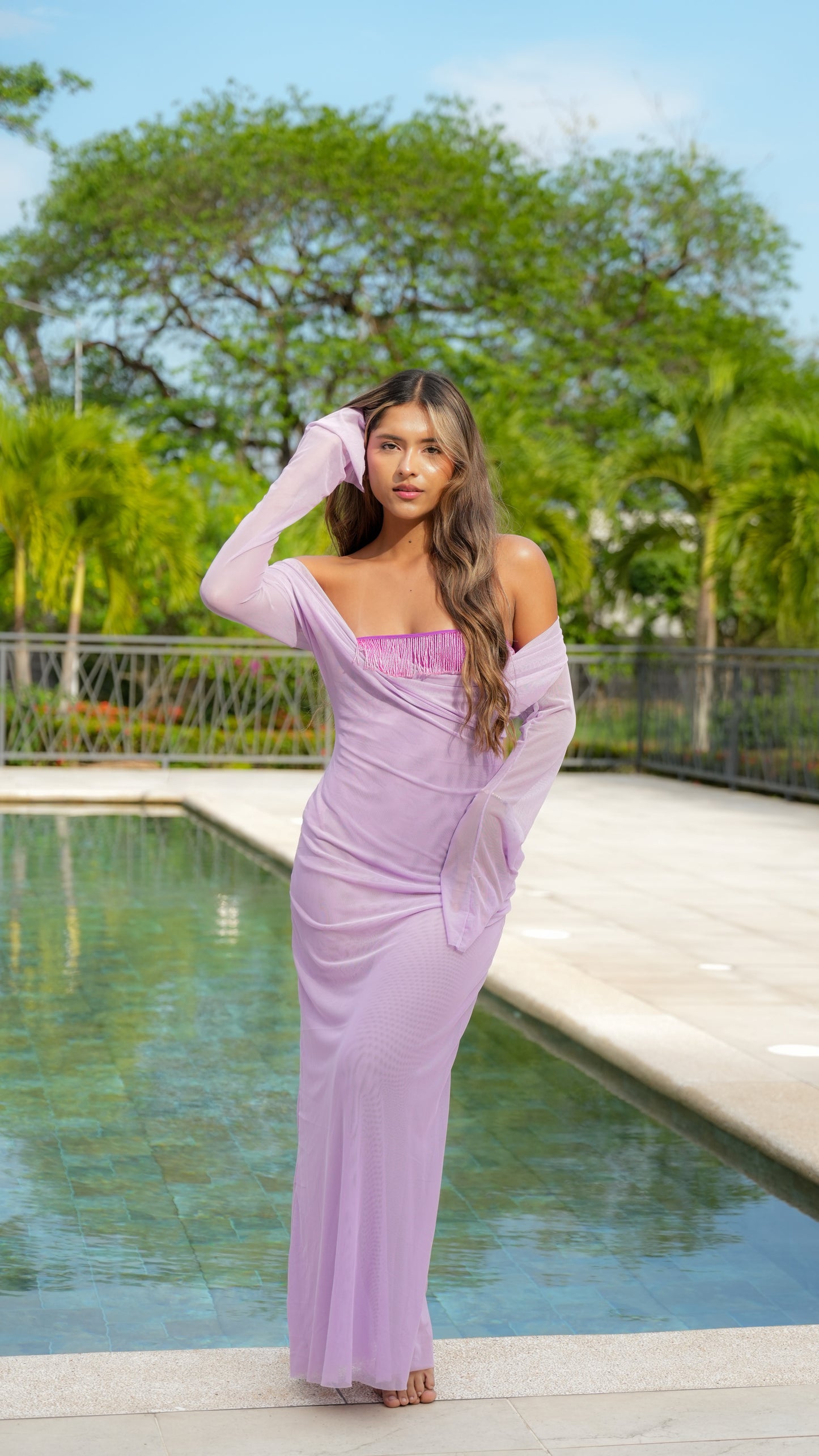 Maxivestido drapeado lila